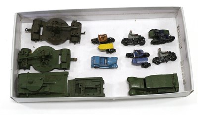 Lot 3375 - Dinky Military Medium tank (lacks tracks), Reconnaissance car, two Anti-aircraft guns and Light...