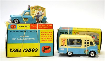 Lot 3386 - Corgi Ice Cream Vans 447 Wall's Ford Thames with two figures in display box (E box G-E) and 428...