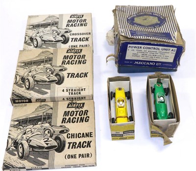 Lot 3412 - Airfix Slot Racers Lotus and Porsche (both boxed) three sets of track (boxed)  and a Meccano...