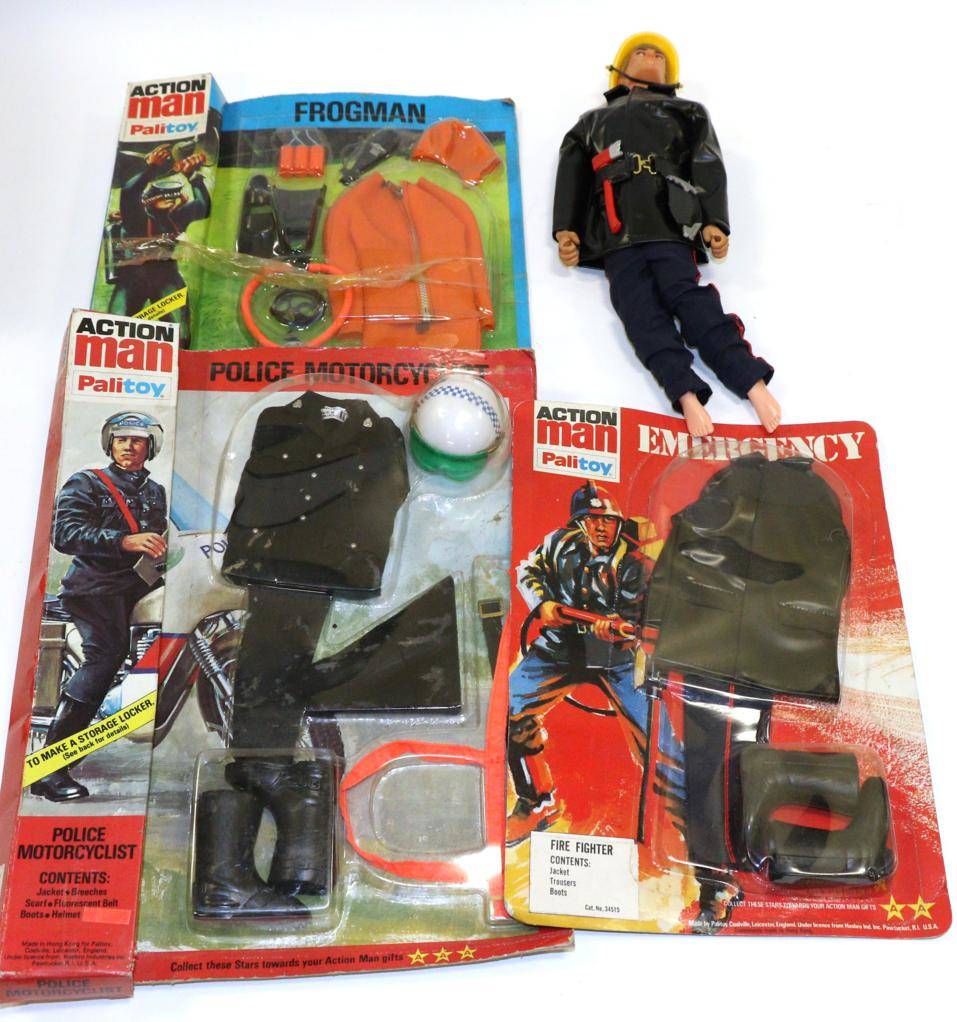 Lot 3420 - Palitoy Action Man Outfits Police Motorcyclist, Frogman and Emergency Fire Fighter (all in original