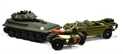 Lot 3422 - Palitoy Action Man Scorpion Tank Cherilea German Army motorcycle and sidecar and US Army amphibious