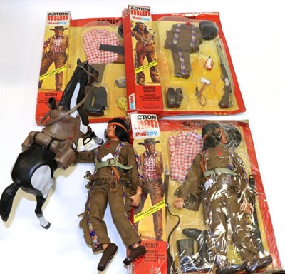 Lot 3423 - Palitoy Action Man Two Scout Outfits one Indian Brave outfit (all in original boxes) and two figure