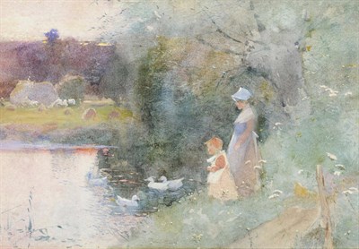 Lot 760 - Thomas Mackay (1851-1920) Lady and Child feeding Ducks beside a Stream Signed, pencil and...