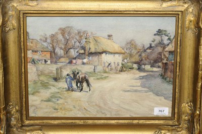 Lot 767 - Nathaniel Hughes John Baird R.O.I. (1865-c.1930) Farmer with a Shire Horse on a Village Street...