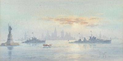 Lot 774 - Frank Watson Wood (1862-1953) "Royal Escort Ships Leaving New York" Signed and dated 1939,...