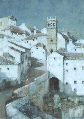 Lot 777 - A. Moulton Foweraker R.B.A. (1873-1942) "Antequerra", moonlit street scene Signed, inscribed verso