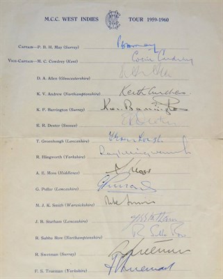 Lot 3009 - MCC West Indies Tour 1959/60 Signed Team Sheet with fifteen signatures including Colin Cowdrey, Ted