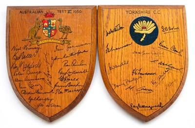 Lot 3011 - A Pair of Signed Oak Cricket Shields, one for Australian Test XI 1956, the other Yorkshire...