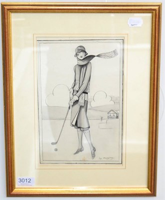 Lot 3012 - Ivy Hampton Golfing Lady watercolour 7x11";, 18x27cm, glazed and framed