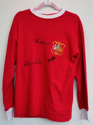 Lot 3028 - Manchester United Signed  Retro Shirt signed by Bobby Charlton, Denis Law and George Best; with...