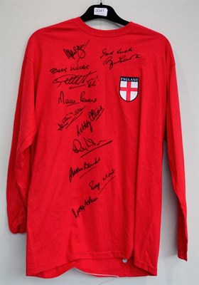 Lot 3041 - World Cup 1966 England Signed Retro Shirt red with St Georges Cross badge, signed by 10 team...