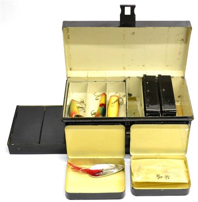 Lot 3083 - A Hardy Brothers Japanned Tin Lure Box, containing four tins, two lift out trays, and drawer to...