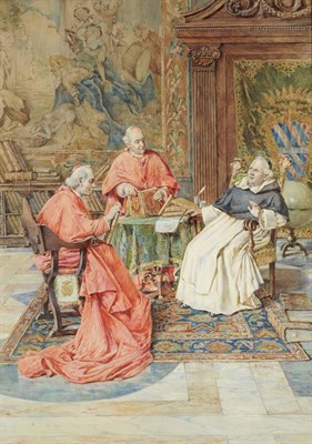 Lot 788 - Pietro Pavesi (19th century) Italian Religious Figures in a Library Signed, pencil, watercolour and