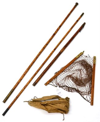 Lot 3095 - An Early Landing Net, with three piece interchangeable bamboo handle, in cotton bag