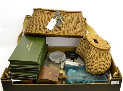 Lot 3112 - Mixed Tackle, including two wicker creels, trout fishing registers, fly tins and flies, lures etc