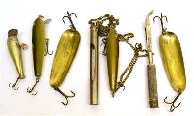 Lot 3114 - Seven Hardy Brothers Accessories, comprising 'The Curate' tweezers, a thermometer and five lures