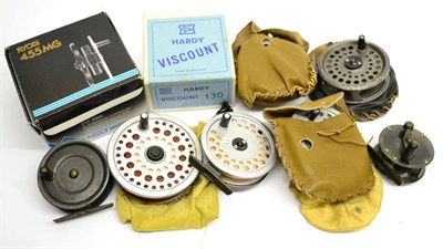 Lot 3116 - Six Fishing Reels, including Hardy Viscount 140 and 130 fly reels, Allcocks brass centrepin...