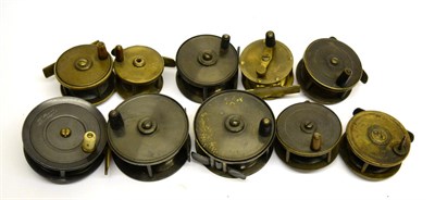 Lot 3118 - Ten Brass Fly Reels, including H Moore of Liverpool and Haynes of Cork (a/f), the others unnamed
