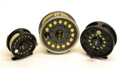 Lot 3123 - Three Fly Reels, comprising a J.W.Young 1540 salmon reel, a Tioga reel and a Snowbee Prestige...