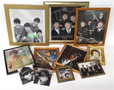 Lot 3138 - A Collection of Framed Photographs of the Beatles and Jimi Hendrix, with fake signatures,...