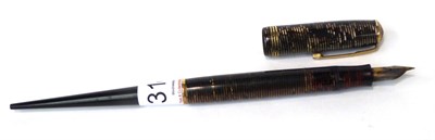 Lot 3146 - A Parker Fountain Pen, with pearl striped body, tapered end section, three bands to cap, 14k...