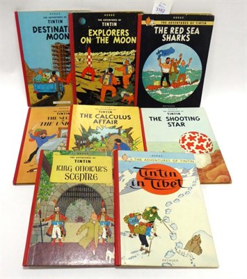 Lot 3162 - Tintin Annuals eight hardback editions: The Red Sea Sharks 1960, Explorers on the Moon 1959,...