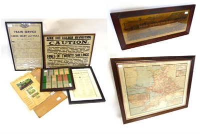 Lot 3197 - Railway Related Framed Items including Great Western Railway map, LNER Train Service Leeds, Selby &