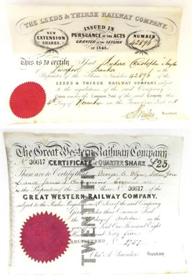 Lot 3200 - Railway Share Certificates Leeds and Thirsk Railway 1848 and GWR 1845