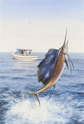 Lot 801 - Rodger McPhail (b.1953) "Sailfish", figures fishing from the vessel "Disgrace",  Signed,...