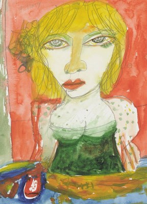 Lot 804 - John Bellany R.A. (b.1942)  Portrait of a Girl Wearing a Green Dress Signed, pencil and...