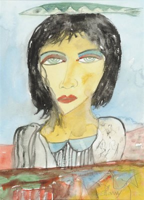 Lot 805 - John Bellany R.A. (b.1942)  Portrait of a Girl with Fish Signed, pencil and watercolour, 37cm...