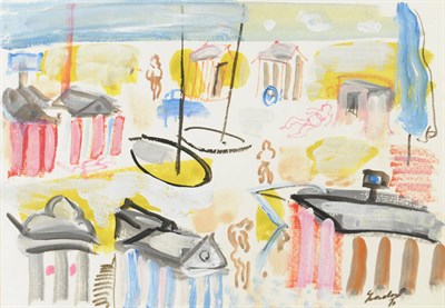 Lot 807 - Carlos Nadal (1917-1998) Beach Scene with Figures beside Bathing Huts Signed and possibly dated...