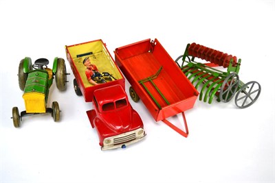 Lot 3376 - Mettoy Farm Set consisting of tractors with driver, trailer and three implements (G-F) Gama c/w...