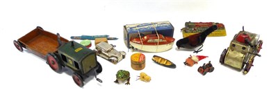 Lot 3384 - Various Tin Toys Fleischmann No. F300 c/w Cabin cruiser (boxed, rudder detached) Hess Tractor...