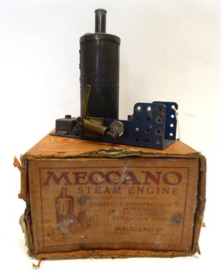 Lot 3391 - Meccano Steam Engine brass boiler on blue base with single oscillating cylinder, in original orange