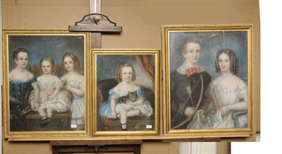 Lot 819 - English Provincial School (19th century) Portrait of Three Children, one holding a bunch of...