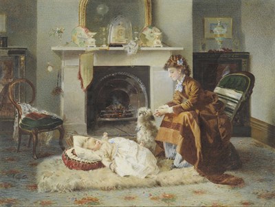 Lot 820 - Alexander M Rossi (fl.1870-1903) "Golden Moments", a young mother and her child beside a fireplace