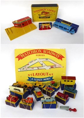 Lot 3464 - Matchbox Various Models including Garage in LRL box with A2 car transporter and A1 Esso pump...