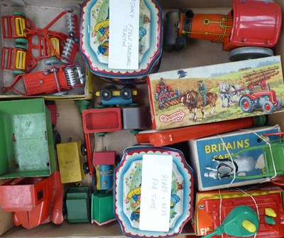 Lot 3487 - Various Toys including Dinky Field Marshall tractor (lacks driver) Manure spreader, disc harrow and