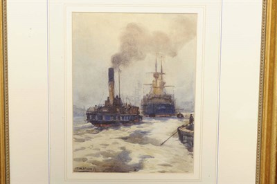 Lot 830 - Frank Henry Algernon Mason R.I., R.B.A. (1876-1965) Paddle Steamer, Coal Barge and Other Vessels on