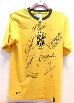 Lot 22 - Brazil 1970 World Cup Winners Signed Teeshirt signed by Pele, Brito, Alberto, Jairzinho,...