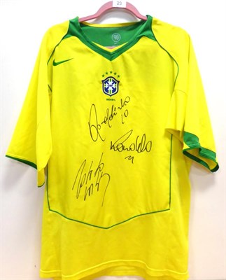 Lot 23 - Brazil Signed Shirt signed by Ronaldo, Roberto Carlos and Ronaldinho; with Prestige Certificate...