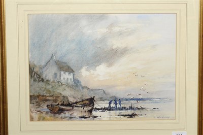 Lot 831 - Robert Leslie Howey (1900-1981) Beach Scene at Low Tide, Figures beside a Fishing Boat Signed,...