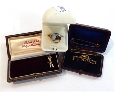 Lot 58 - Three Cased Items of Fox Hunting Jewellery, comprising an enamelled ring, a brooch and a tie pin