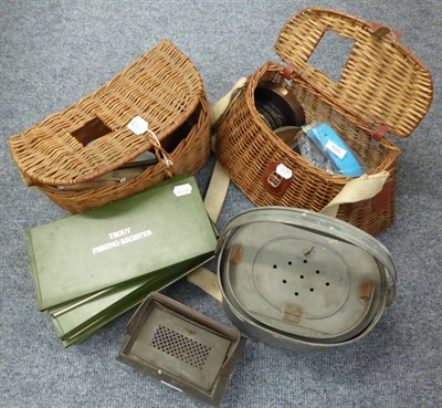 Lot 105 - Mixed Tackle, including two live bait tins, two wicker creels, three cast tins, lure tin, trout...