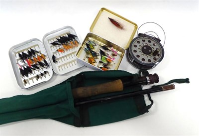 Lot 108 - Shakespeare Nymph 9'6"; Three Piece Fishing Rod together with Rainbox #72 Reel and two Fly tins...