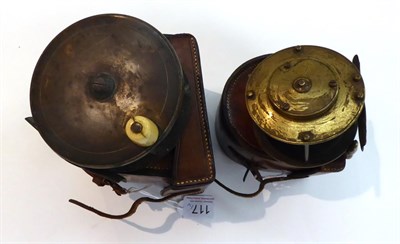 Lot 117 - Two Chas Farlow Brass Reels in Block Leather Cases - 3 1/2inch winch with raised check housing, and