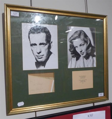 Lot 127 - Autographed Card Of Lauren Bacall And Humphry Bogart dedicated to Jean, framed with photographs...