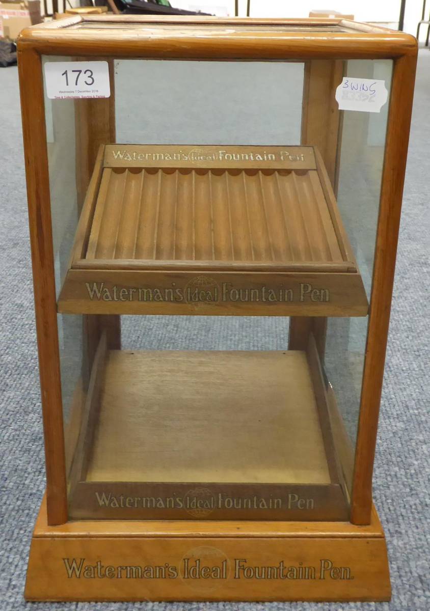 Lot 173 - A Watermans Ideal Fountain Pens Glazed Oak Shop Counter Display Case, inscribed to base in...