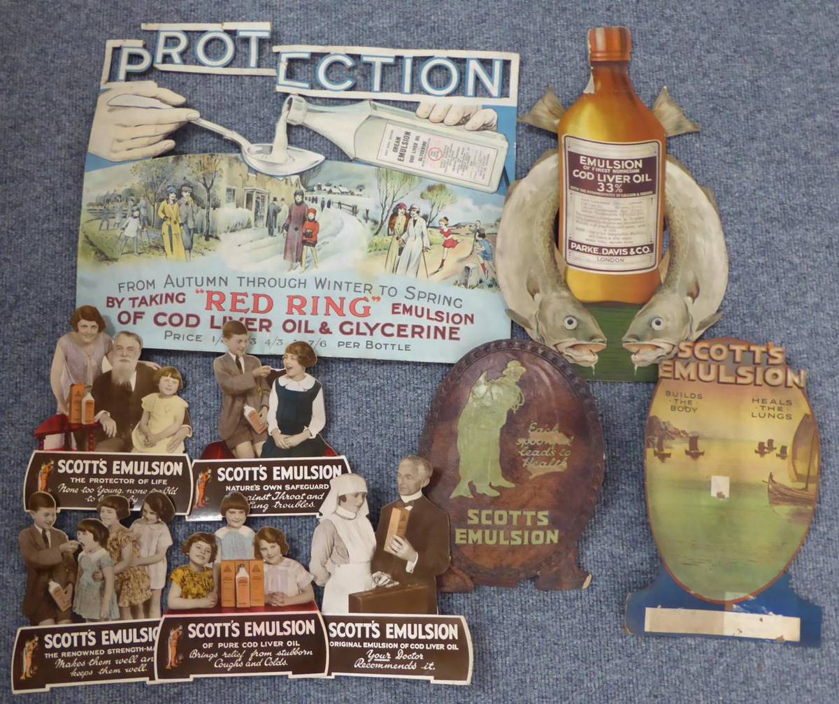 Lot 193 - Nine Cut-Out Shop Advertising Showcards for Emulsion of Cod Liver Oil, comprising Parke, Davis...